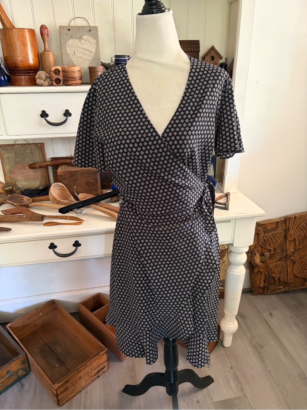 Banana Republic Black Floral Wrap Dress with V-Neck